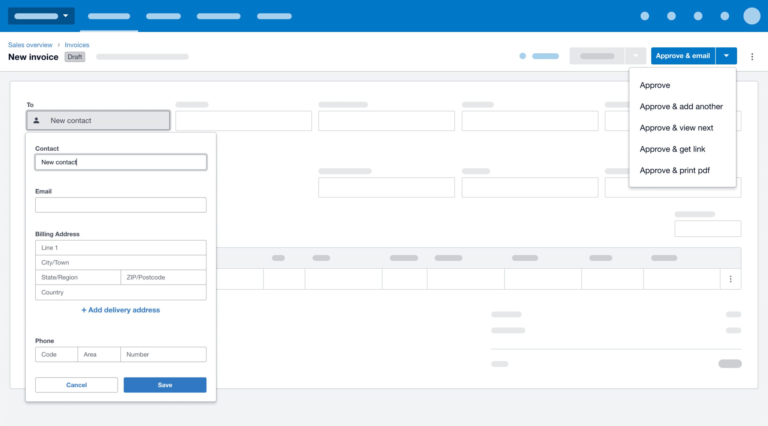 Product screenshot showing the contact pop-up and 'Approve &' functionality in new invoicing.