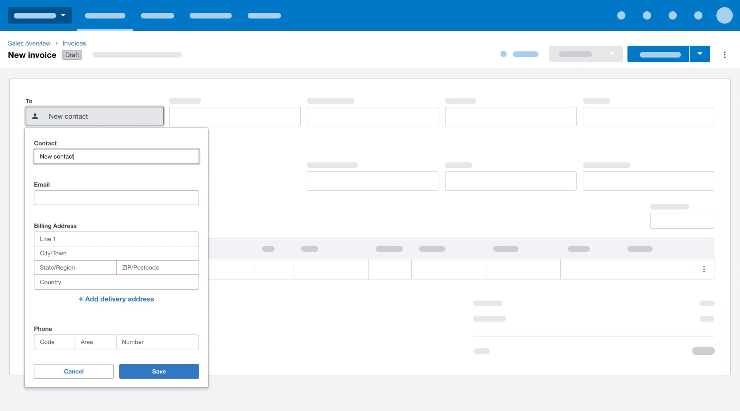 Screenshot of new invoicing in Xero showing the contact feature
