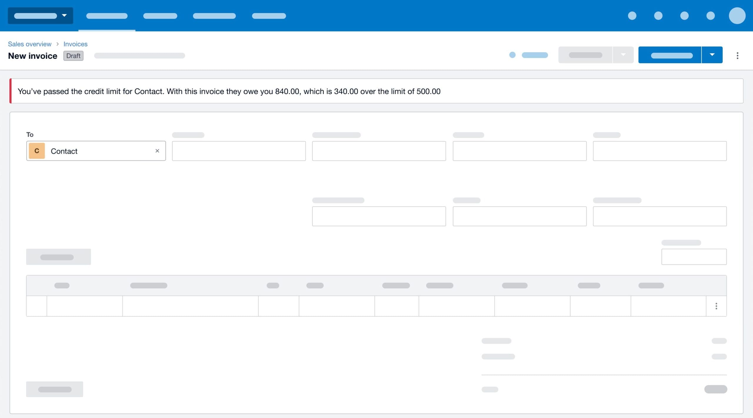 Screenshot of new invoicing in Xero showing the credit limit feature
