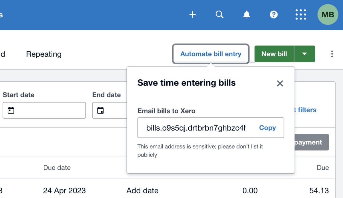 Screenshot of automated bill entry button in Xero