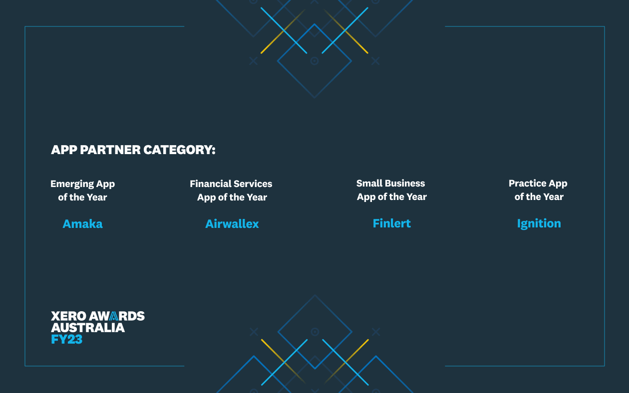 App Partner Awards Categories: Practice App of the Year - Ignition Small Business. App of the Year - Finlert. Emerging App of the Year - Amaka. Financial Services App of the Year - Airwallex.