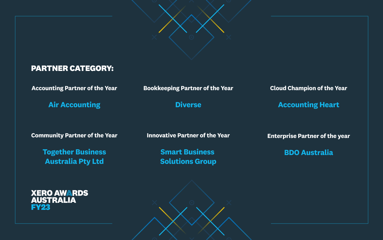 Accounting and Bookkeeping Awards Categories: Accounting Partner of the Year - Air Accounting. Bookkeeping Partner of the Year - Diverse Enterprise. Partner of the Year - BDO Australia. Innovation Partner of the Year - Smart Business Solutions. Group Community Champion of the Year - Together Business Australia Pty Ltd. Cloud Champion of the Year - Accounting Heart.
