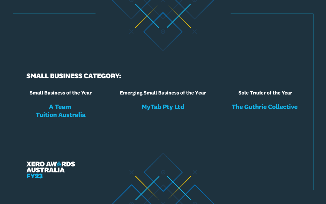 Small Business Award Categories: Small Business of the Year - A Team Tuition Australia. Emerging Small Business of the Year - MyTab Pty Ltd. Sole Trader of the Year - The Guthrie Collective.