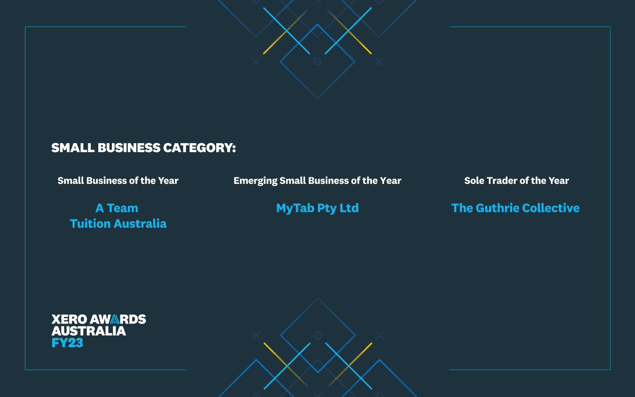 Small Business Award Categories: Small Business of the Year - A Team Tuition Australia. Emerging Small Business of the Year - MyTab Pty Ltd. Sole Trader of the Year - The Guthrie Collective.