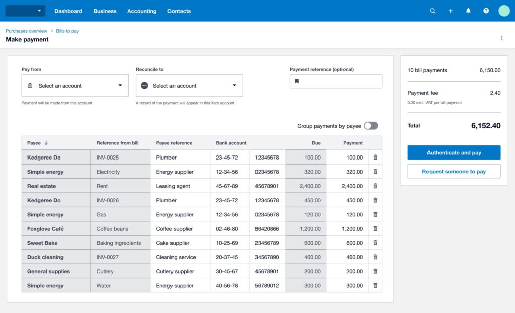 Screenshot of Xero's new bill payments solution in the UK