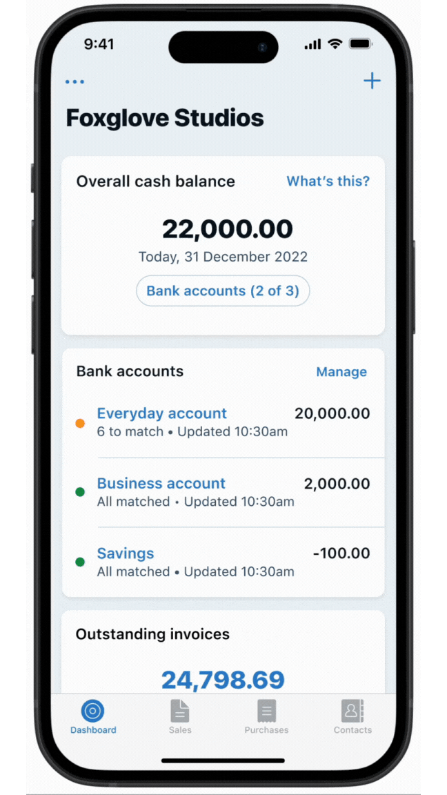 A GIF showing how you can drilldown into profit and loss account transactions in Xero Accounting app.