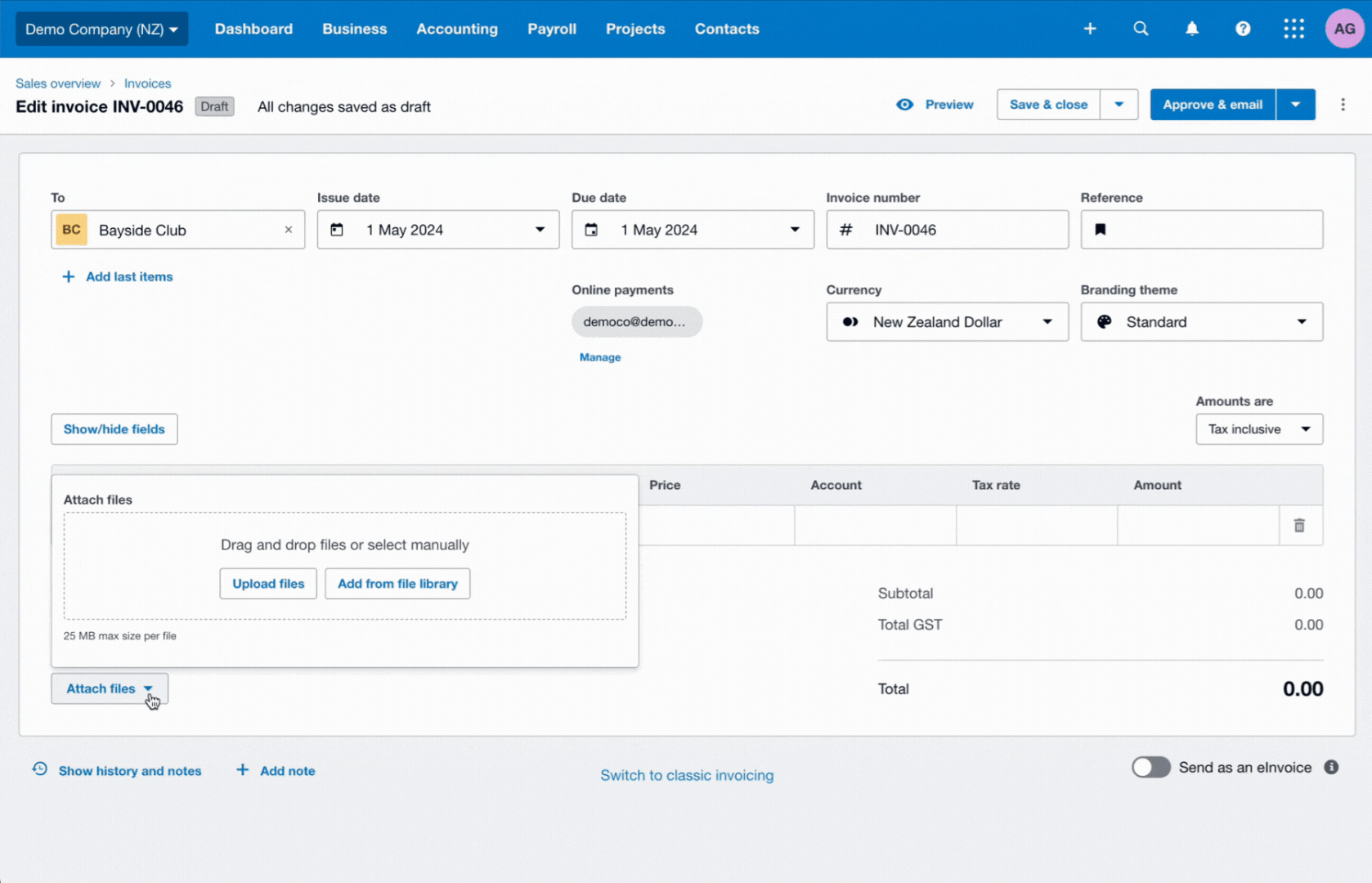 A screenshot showing the ability to attach files to new invoicing in Xero.