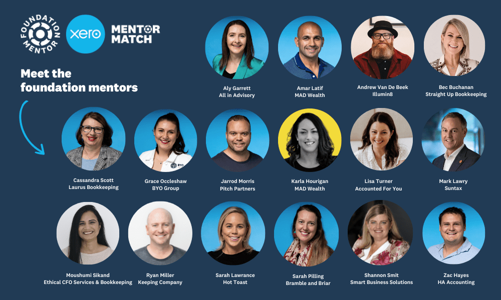 Headshots and names of all 16 Xero Mentor Match foundation mentors.